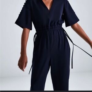 Zara Jumpsuit‎ With Drawstring and Button Detail Navy Blue Size Small